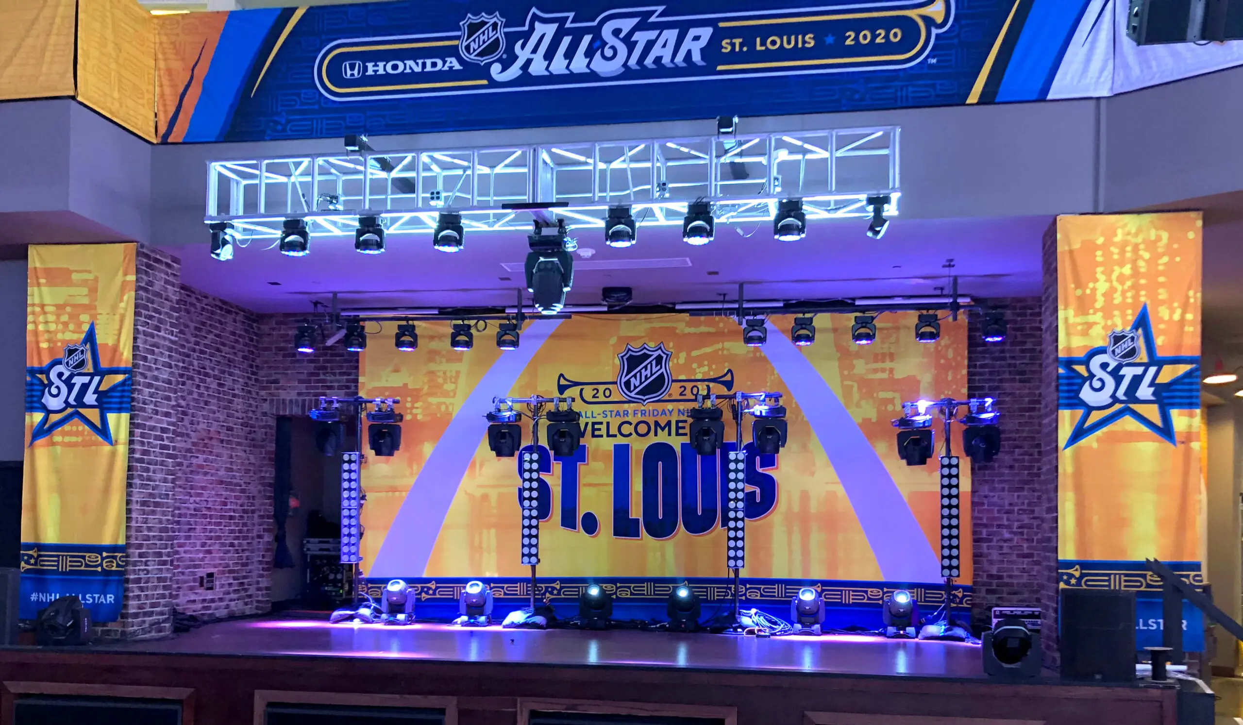 NHL All-Star stage, truss and banners, St. Louis 2020