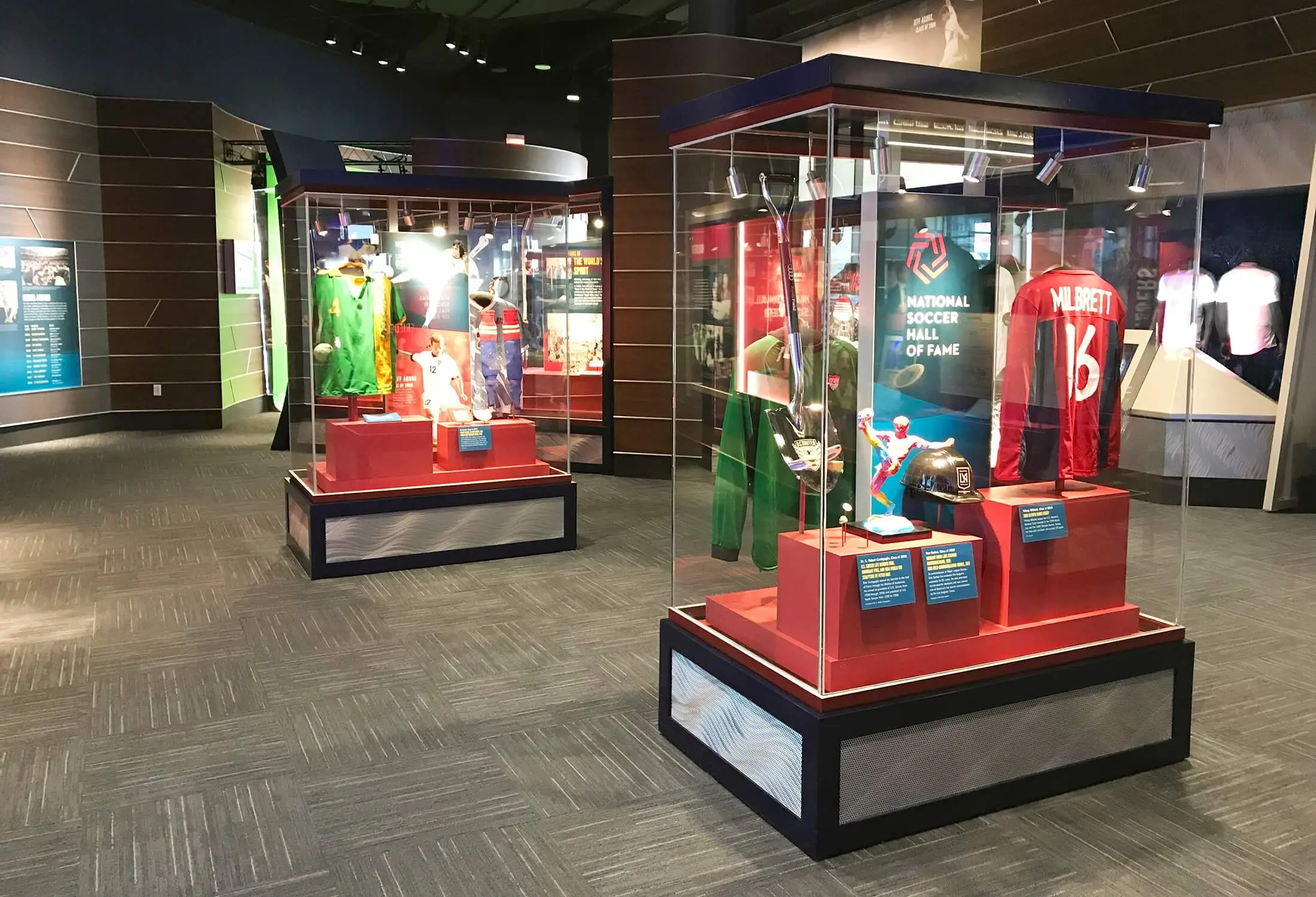 Free-standing exhibit cases on the museum floor