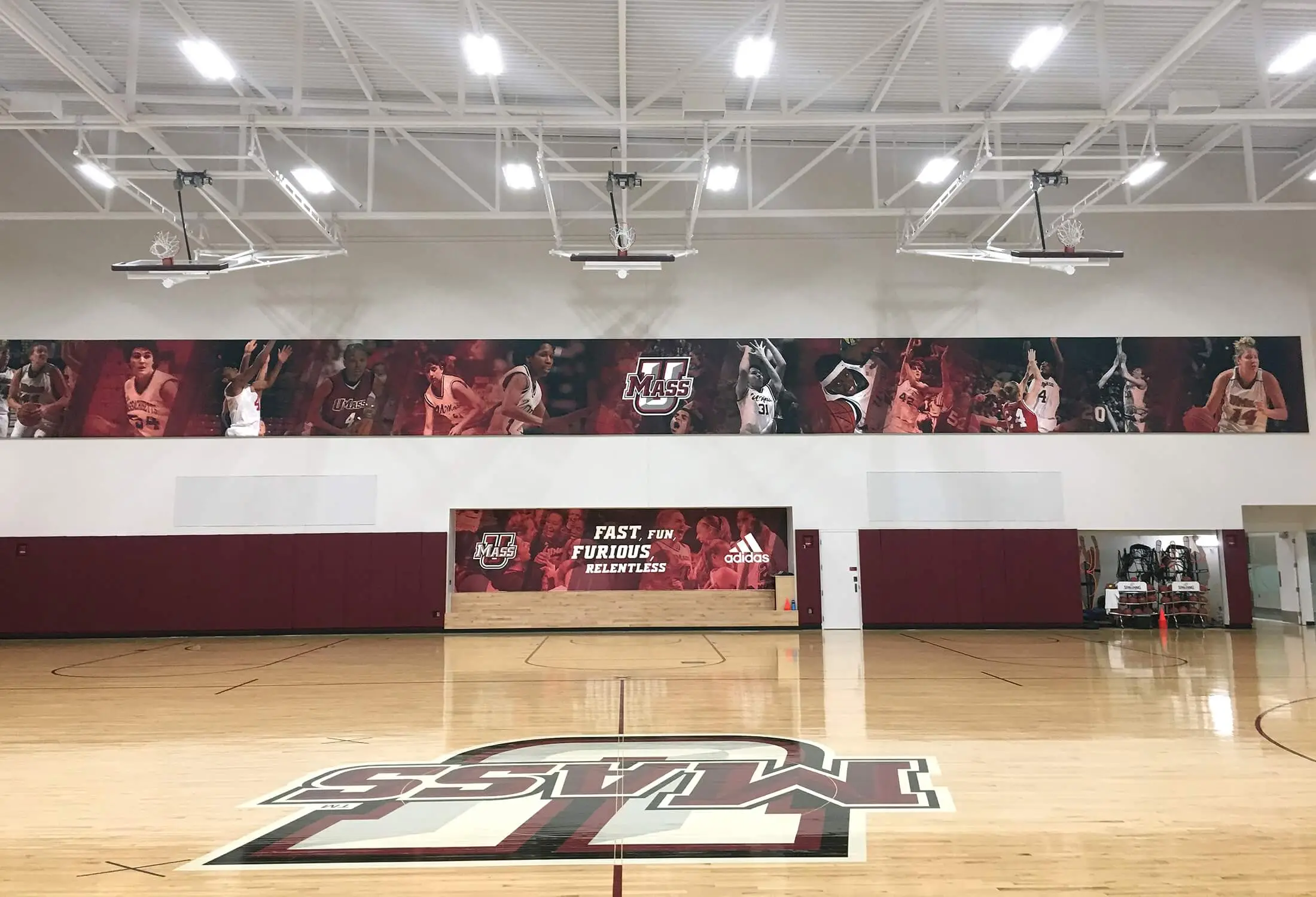UMass basketball practice gym banners