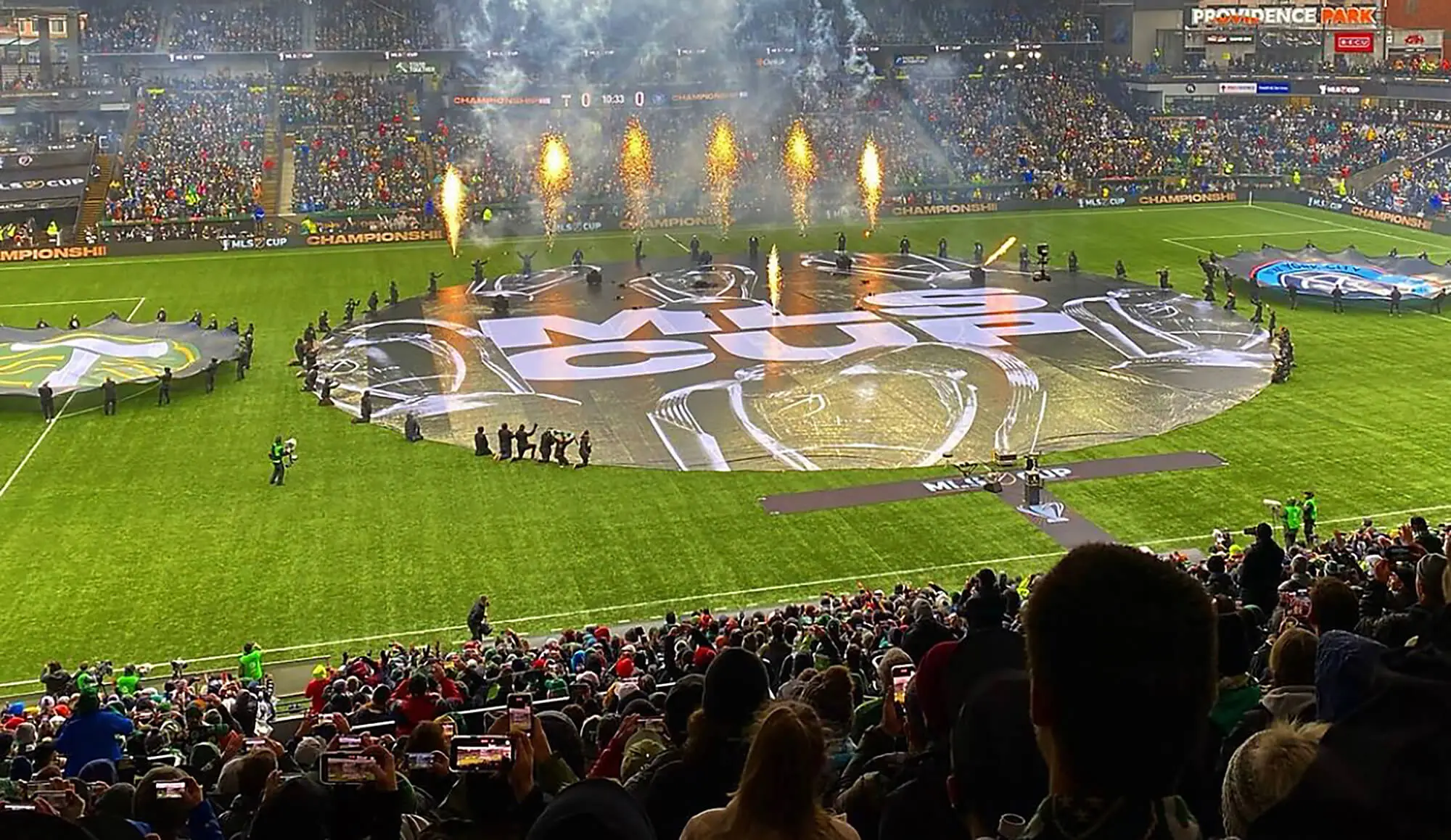 Pregame center-circle graphic and fireworks at a soccer stadium