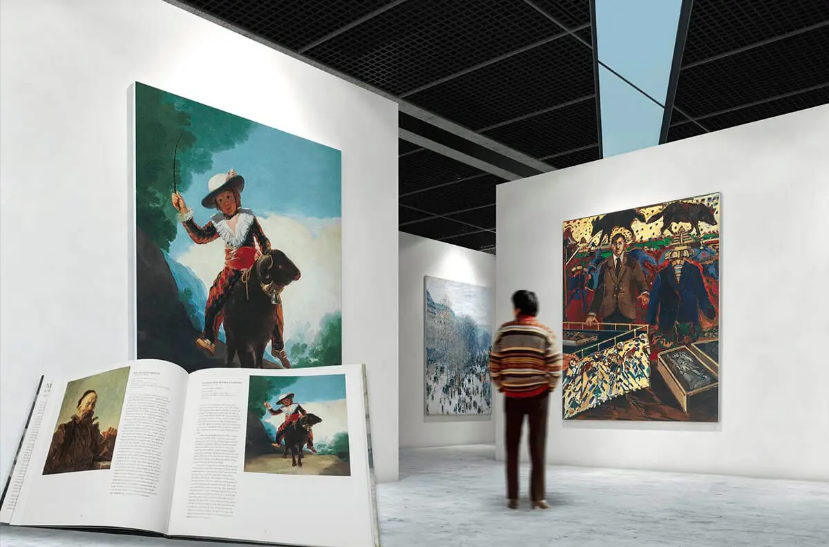 Open art book in a gallery of large framed paintings