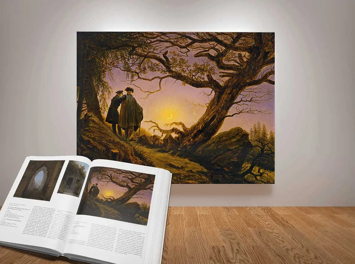 Romantic moonlit landscape painting with its book reproduction